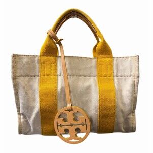 Tory Burch Miller Mini Tote Bag In Yellow Stripe And Leather Logo Charm